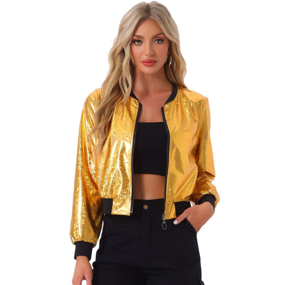Sparkle Holographic Metallic Lightweight Shiny Bomber Jacket Golden